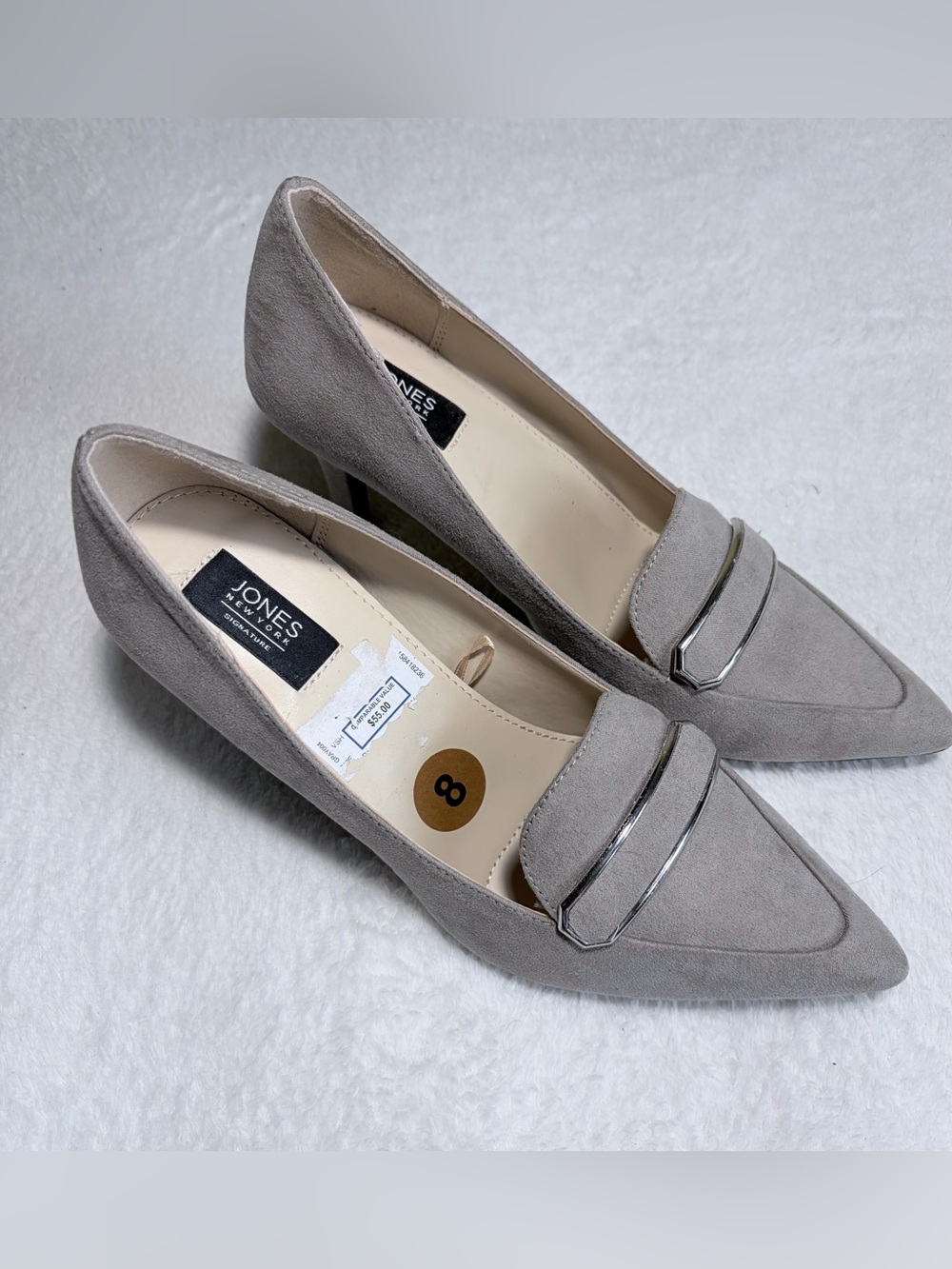 Jones New York Taupe Pointed Suede Heels with Silver Accent